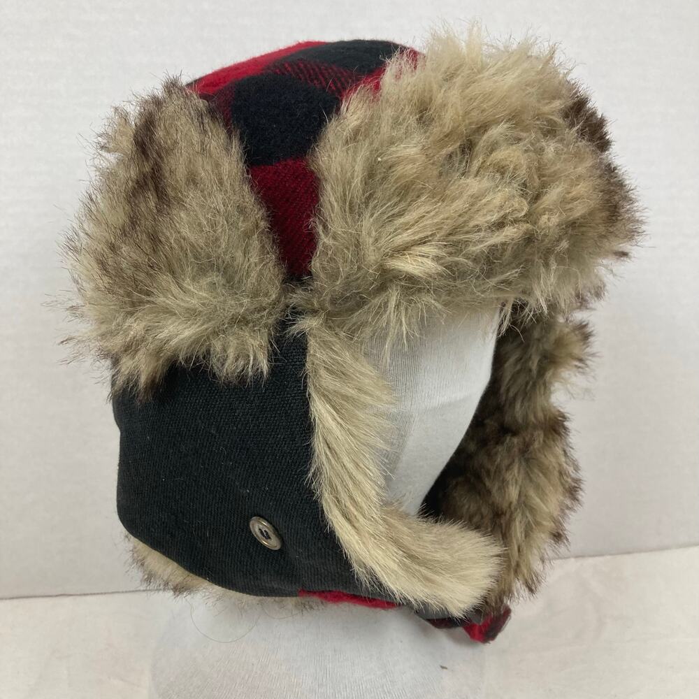 Goodfellows Trapper Hat OS Red Black Buffalo Plaid Faux Fur Lined Buckle Earflap